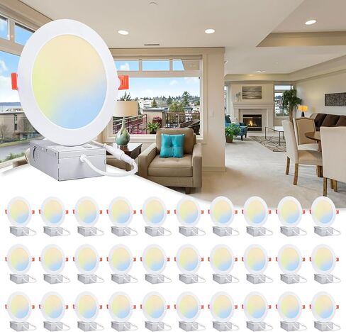 30 حزمة 6 بوصة 5CCT إضاءة LED رفيعة للغاية مع صندوق وصلات، 2700K-5000K مصباح سقف LED قابل للتحديد، 960LM إضاءة سفلية قابلة للتعتيم بدون غطاء، 12W Eqv 110W - تصنيف IC، معتمد من ETL in Kuwait