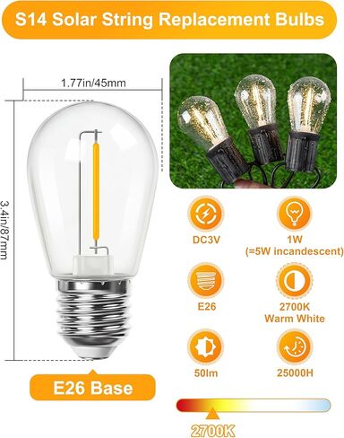 S14 LED Solar Replacement Bulbs,1W Equal to 5W,DC 3V Plastic E26 Screw Base Shatterproof & Waterproof Globe Bulbs Light for Outdoor String Lights,Patio Cafe Bistro Decor, 2700K Warm White,15 Pack in Kuwait