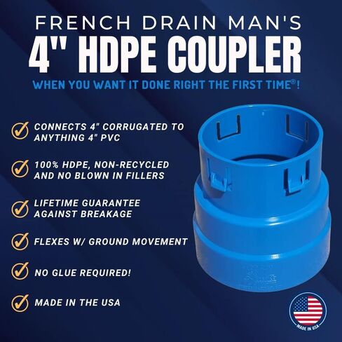 French Drain Man 4" Corrugated Pipe Adapter (to 4" PVC) PVC Fittings, Couplings, Connect Corrugated Pipe to Pop Up Emitter in Kuwait