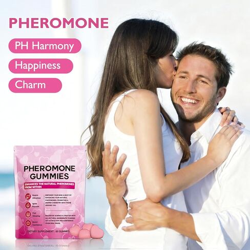 Pheromone Gummies for Women with Slippery Elm – Enhance Confidence & Attraction – Hormone Balance & Body Odor Support, Non-GMO, Sugar Free, Gluten-Free, Vegan, Strawberry Flavor, 60 Gummies in Kuwait