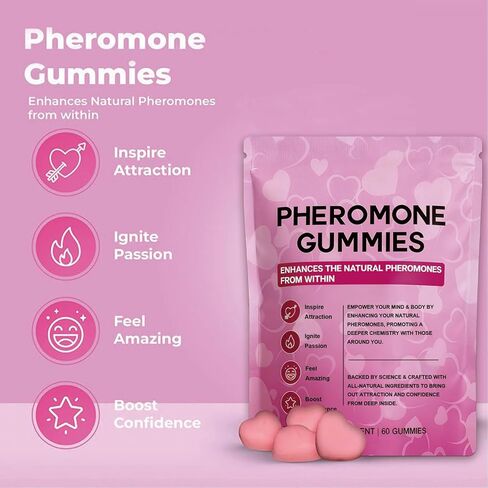 Pheromone Gummies for Women with Slippery Elm – Enhance Confidence & Attraction – Hormone Balance & Body Odor Support, Non-GMO, Sugar Free, Gluten-Free, Vegan, Strawberry Flavor, 60 Gummies in Kuwait