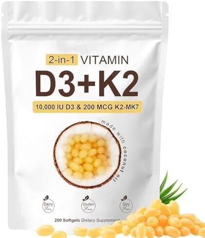 RealGood Essentials Vitamin D3 K2 10000 IU, 200 Virgin Coconut Oil Softgels, 2 in 1 Vitamins Supplement D & K (Include MK7), Easy to Swallow, Supports Calcium Absorption, Bone Health (1pc) in Saudi Arabia