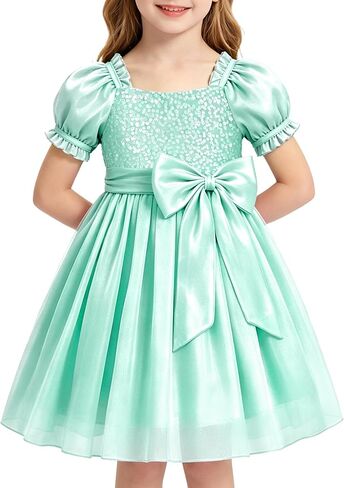 YALLET Flower Girls Dresses Sparkly Sequin Mermaid Dress Flowing Satin Puff Sleeve Kids Party Gown with Bow Hairpin 3-8 Years in Saudi Arabia
