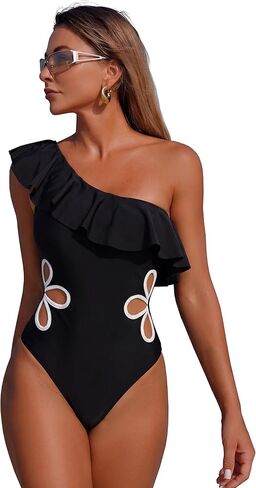Women One Piece Swimsuit Ruffle One Shoulder Bathing Suit Openwork Floral Monokini in Saudi Arabia