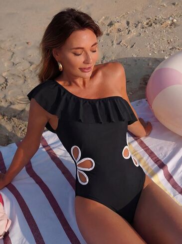 Women One Piece Swimsuit Ruffle One Shoulder Bathing Suit Openwork Floral Monokini in Saudi Arabia