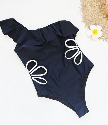 Women One Piece Swimsuit Ruffle One Shoulder Bathing Suit Openwork Floral Monokini in Saudi Arabia