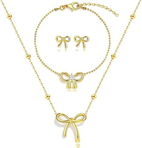 Bow Jewelry Set Dainty 14K Gold Bow Necklace Stud Bracelet Cute Bow knot Jewelry Christmas Holiday Valentines Mother’s Day Gifts for Women Her Girlfriend Mom in Saudi Arabia
