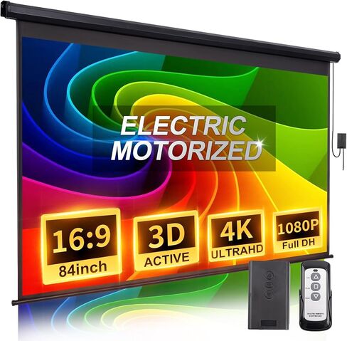 Projector Screen Motorized 84 Inch 16:9 HD Electric Projector Screen Pull Down with Remote, Automatic Projector Screens Wall Ceiling Mount Movie Screens for Projectors Outdoor Indoor, Black in Saudi Arabia