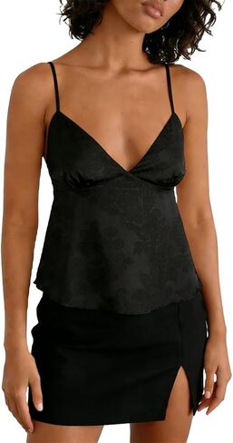 Women Cute Satin Jacquard Camisole Fairycore Embroidery Floral Spaghetti Strap V Neck Flowy Mini Cami Top Going Out Top in Saudi Arabia