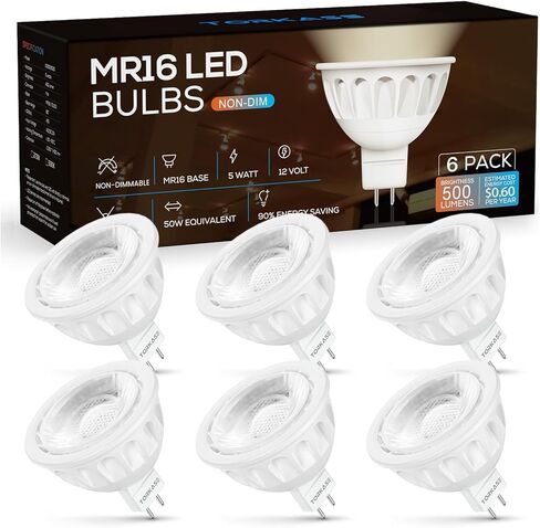 MR16 LED Bulb, 12V 5W(50W Halogen Equivalent), GU5.3 Bi Pin Base, 6000K Daylight White, Non-Dimmable, 40 Degree Spotlight Bulbs, LED MR16 for Indoor/Outdoor Landscape, Recessed, Track Lighting, 6 Pack in Kuwait