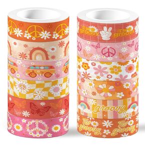 12 Rolls Boho Flower Washi Tape, Hippie Rainbow Floral Paper Tape, Vintage Craft Decorations for Graduation Scrapbooking Gift Packaging DIY in Kuwait