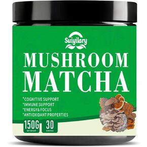 Suiyilary Mushroom Matcha, Ceremonial Matcha Tea Powder with 7 Superfood Mushrooms, Gluten Free, Taste Great Hot or Cold Matcha Latter - 150g 30 Serving in Kuwait