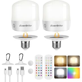 EverBrite E26 Rechargeable Light Bulbs with Remote & Touch Control, Battery Backup Bulb for Sconces and Lamps, Dimmable Detachable LED Camping Bulbs with 12 RGB Colors & 3 Color Temperatures, 2 Pack in Kuwait