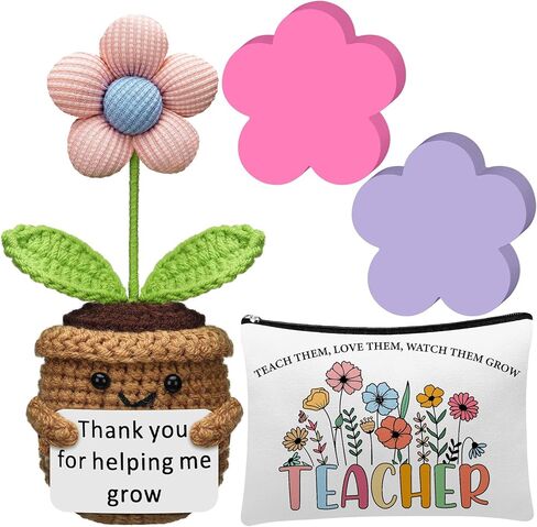 4 Pcs Valentines Day Gifts for Teachers Positive Flower Crochet Doll with Heart Sticky Notes 3x3 in and Makeup Bag for Valentine's Day Teacher Appreciation Gifts Thank You for Helping Me Grow in Saudi Arabia