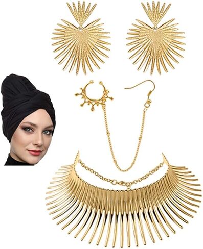 African Jewelry Set for Women Head Wrap Tooth Collar Choker Open Wrist Cuff Bracelets Nose Ring Hoop Chain Earrings Gold Statement African Costume Accessories in Saudi Arabia