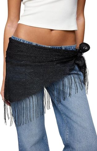 Women Y2k Sheer Fringe Triangle Shawl Wrap Belly Dance Hip Scarf Belt Lace Mesh Beach Sarong Coverup Skirt in Kuwait