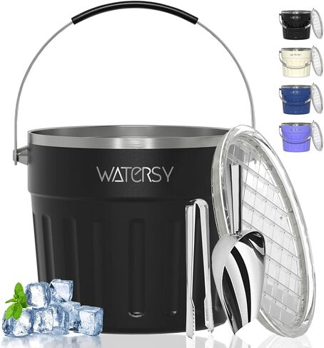 دلو ثلج معزول من WATERSY (8 كوارت / 7.6 لتر) مع غطاء ومغرفة وملقط ثلج ومكنسة حائط من الفولاذ المقاوم للصدأ، أسود in Kuwait