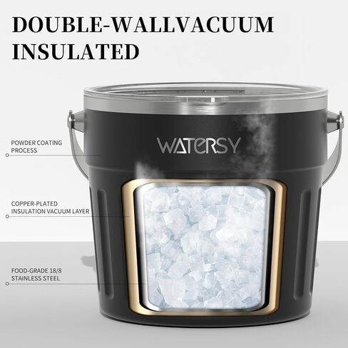 دلو ثلج معزول من WATERSY (8 كوارت / 7.6 لتر) مع غطاء ومغرفة وملقط ثلج ومكنسة حائط من الفولاذ المقاوم للصدأ، أسود in Kuwait
