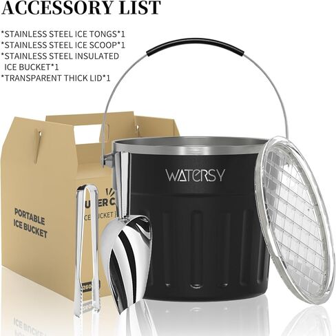 دلو ثلج معزول من WATERSY (8 كوارت / 7.6 لتر) مع غطاء ومغرفة وملقط ثلج ومكنسة حائط من الفولاذ المقاوم للصدأ، أسود in Kuwait
