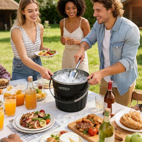 دلو ثلج معزول من WATERSY (8 كوارت / 7.6 لتر) مع غطاء ومغرفة وملقط ثلج ومكنسة حائط من الفولاذ المقاوم للصدأ، أسود in Kuwait