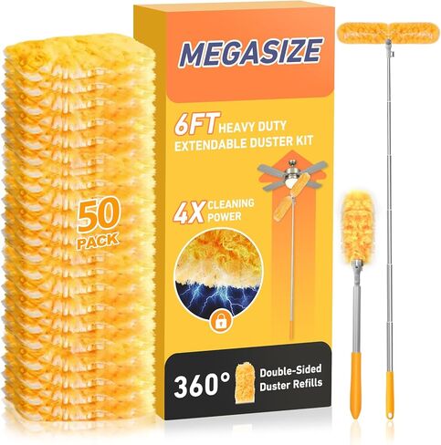 6 ft Heavy Duty Extendable Duster Handle with 50 Refills for Swiffer Duster, 360° Multi-Surface Dusters with 4X Cleaning Power for Home, Ceiling Fans, Windows, Dusting Hard-to-Reach Areas (Orange) in Kuwait