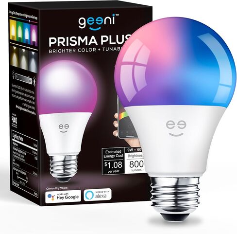 Geeni Prisma Plus 800 لمبات إضاءة ذكية قابلة للتعتيم مع اتصال Wi-Fi بسرعة 2.4 جيجا هرتز - لون أبيض متغير وقابل للضبط، لمبة LED ذكية A19 - تعمل مع Alexa وGoogle، 4 عبوات in Kuwait