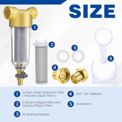 WILLBOND 3/4" Spin Down Sediment Water Filter, 50 & 100 & 200 Reusable House Sediment Filter with 2 Adapters, for Home & Commercial Water Pre-filtration System Ideal for Home Owners, DIY Enthusiasts in Kuwait