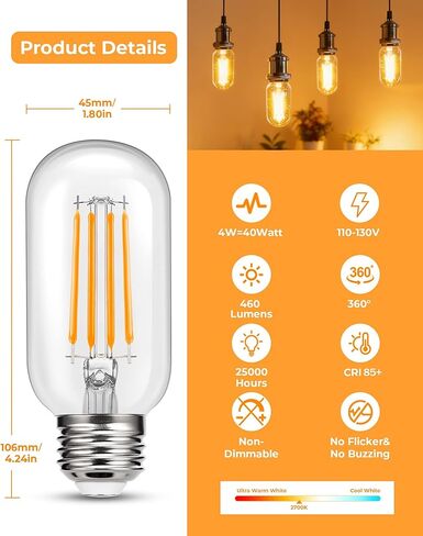 4 Pack LED Edison Bulbs, 4W Edison Light Bulbs 40W Equivalent, Vintage E26 LED Bulb T45 2700K Soft Warm White Clear Glass, 460LM Tubular Antique LED Filament Lights Bulb for Home, Non-Dimmable in Kuwait