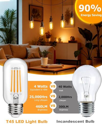 4 Pack LED Edison Bulbs, 4W Edison Light Bulbs 40W Equivalent, Vintage E26 LED Bulb T45 2700K Soft Warm White Clear Glass, 460LM Tubular Antique LED Filament Lights Bulb for Home, Non-Dimmable in Kuwait