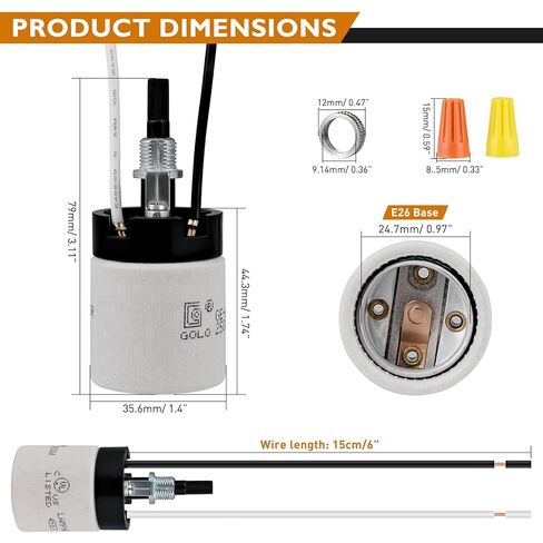 UL Listed Porcelain E26 Lamp Socket with 6'' Wire Lead, High Temp Resistant, Rotary Knob ON/Off Switch with 2 Wire Connector Nuts for DIY Table Lamp,250V 250W for Safe Lighting Replacements​ (1) in Kuwait