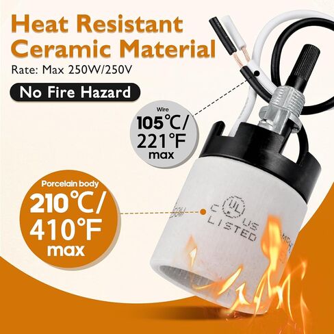 UL Listed Porcelain E26 Lamp Socket with 6'' Wire Lead, High Temp Resistant, Rotary Knob ON/Off Switch with 2 Wire Connector Nuts for DIY Table Lamp,250V 250W for Safe Lighting Replacements​ (1) in Kuwait
