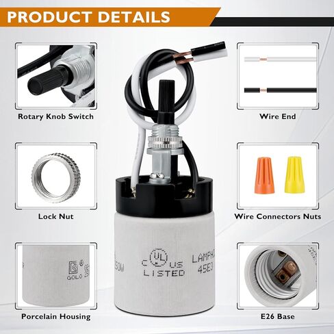 UL Listed Porcelain E26 Lamp Socket with 6'' Wire Lead, High Temp Resistant, Rotary Knob ON/Off Switch with 2 Wire Connector Nuts for DIY Table Lamp,250V 250W for Safe Lighting Replacements​ (1) in Kuwait