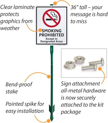 SmartSign 12 x 10 inch “Smoking Prohibited Except In Designated Areas" Yard Sign with 3 foot Stake, 40 mil Laminated Rustproof Aluminum, Red, Black and White, Set of 1 in Kuwait