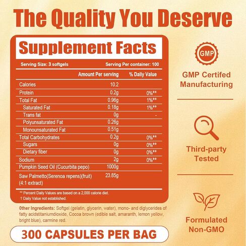 Pumpkin Seed Oil – 1000 MG Per Serving, 2-in-1 Formula with Saw Palmetto, 300 Softgels, for Health Support in Kuwait