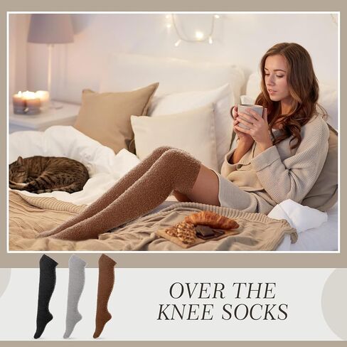 3 Pairs High Fuzzy Socks over Knee Long Stocking Coral Fleece Plush Socks for Women Soft Warm Leg Warmers in Saudi Arabia
