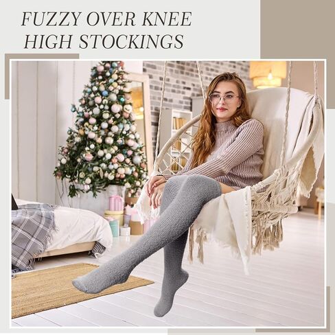3 Pairs High Fuzzy Socks over Knee Long Stocking Coral Fleece Plush Socks for Women Soft Warm Leg Warmers in Saudi Arabia