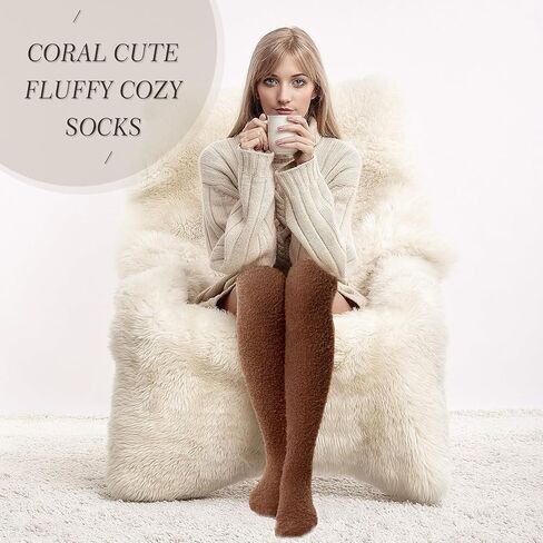 3 Pairs High Fuzzy Socks over Knee Long Stocking Coral Fleece Plush Socks for Women Soft Warm Leg Warmers in Saudi Arabia