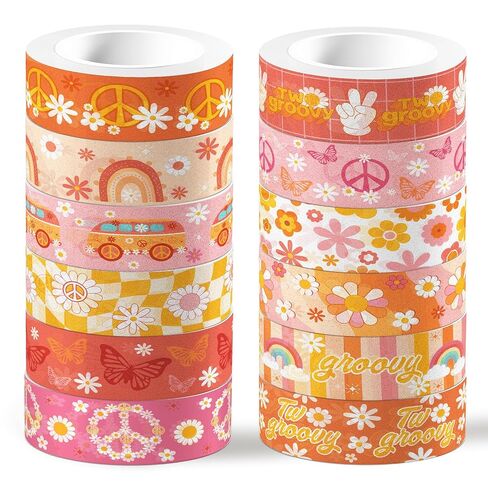 12 Rolls Boho Flower Washi Tape ، شريط ورق زهري قوس قزح الهبي ، زخارف حرفية عتيقة للتخرج ، عبوة هدايا DIY in Kuwait