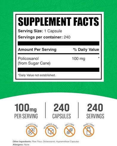 BulkSupplements.com كبسولات بوليكوسانول - من قصب السكر، بوليكوسانول 100 ملغ - خالية من الغلوتين، كبسولة واحدة لكل وجبة، 240 كبسولة (عبوة من 1) in Kuwait