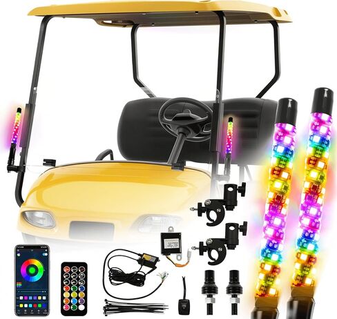 2 Pack 3FT Golf Cart Flag Pole Whip Lights, Only Fit 1.0" Square Rail, LED Light Bluetooth App & Remote Control, Lighted with Turn Reverse Brake Signal for 36V/48V/72V (Included DC Converter) in Kuwait