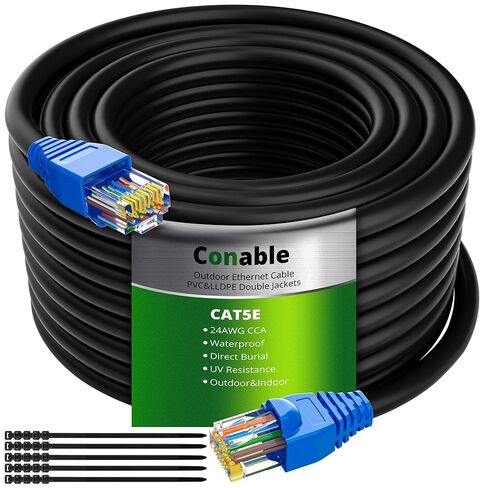 كابل إيثرنت خارجي Cat5e بطول 100 قدم، كابل شبكة LAN للإنترنت عالي التحمل من Cat 5e، أكثر مرونة من Cat 6، مقاوم للماء، PVC وLLDPE UV سترات مزدوجة للجدار، الدفن المباشر، جهاز التوجيه، POE، داخلي in Kuwait