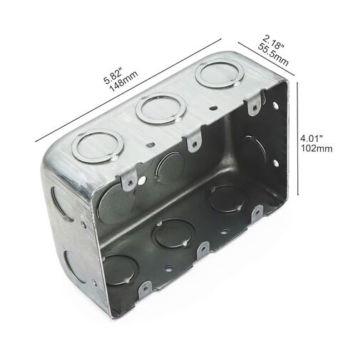 1 Pack Three Gang Multi Device Switch Box, 5.8" L X 4.1" W, 2.2" Deep Metal Electrical Box, 6-TKO's & 4-1/2"KO's Side KO, 2-1/2" & 2-3/4" Bottom KO, Raised Gound Hump, Galvanized in Saudi Arabia