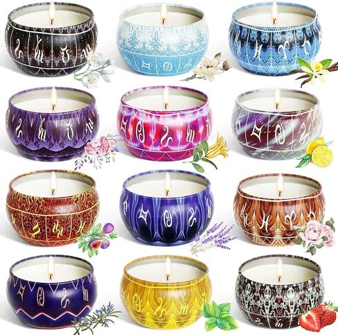 مجموعة مكونة من 12 شمعة معطرة صغيرة من شمع الصويا للعلاج العطري بوزن 2.5 أونصة، شموع من الصفيح المحمولة مع غطاء، وسلة هدايا للاسترخاء للأم والنساء والأصدقاء وزملاء العمل in Kuwait