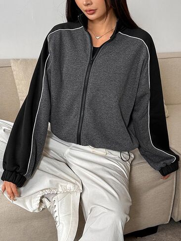 Women Color-Block Track Jacket Stripes Oversized Fit for Retro Casual Streetwear Outfits in Saudi Arabia