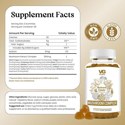 VITA GLOBE Mushroom Complex Gummies - 250 مجم مع الريشي، عرف الأسد، تشاجا، كورديسيبس والمزيد | مكمل يومي للدفاع المناعي والطاقة ودعم وظائف المخ - 60 قطعة (عبوة من قطعة واحدة) in Kuwait