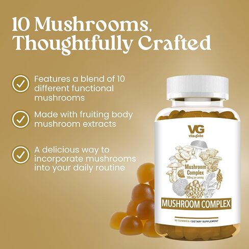 VITA GLOBE Mushroom Complex Gummies - 250 مجم مع الريشي، عرف الأسد، تشاجا، كورديسيبس والمزيد | مكمل يومي للدفاع المناعي والطاقة ودعم وظائف المخ - 60 قطعة (عبوة من قطعة واحدة) in Kuwait