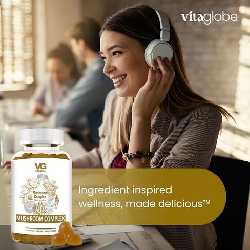 VITA GLOBE Mushroom Complex Gummies - 250 مجم مع الريشي، عرف الأسد، تشاجا، كورديسيبس والمزيد | مكمل يومي للدفاع المناعي والطاقة ودعم وظائف المخ - 60 قطعة (عبوة من قطعة واحدة) in Kuwait