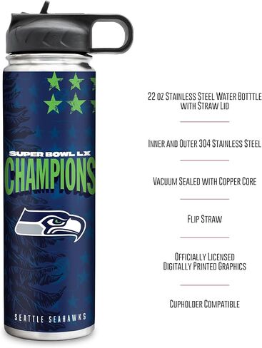 Rico Industries NFL Football Seattle Seahawks 2026 Super Bowl LX Champions 22oz Stainless Steel Tumbler with Lid - Great For Coffee, Tea, Water or Cocktails in Saudi Arabia