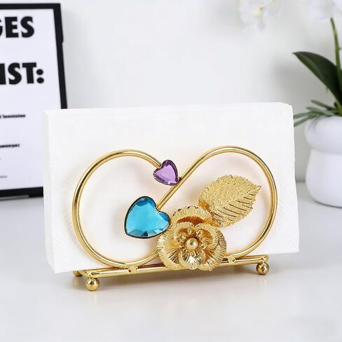Gold Napkin Holder for Table,Decorative Napkin Holders with Exquisite floral and heart-shaped gemstone design for Paper Napkins & Kitchen Tables & Parties and weddings Suitable for all events in Kuwait