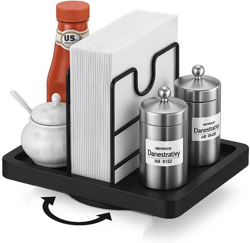 Lazy Susan Napkin Holder, 360° Rotating Napkin Holders Metal Dining Napkin Dispenser Fit Salt and Pepper Shakers Condiment Holder, Standing Paper Napkin Storage for Kitchen, Black in Kuwait